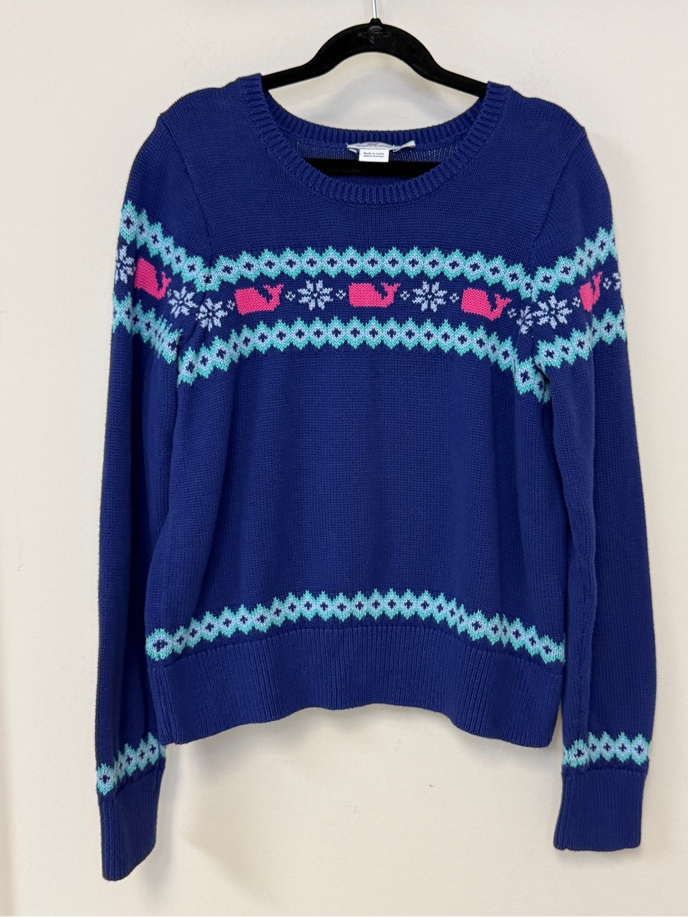 Vineyard Vines: Girls Whale Fair Isle Crewneck Sweater, Blue & Pink, Size L
